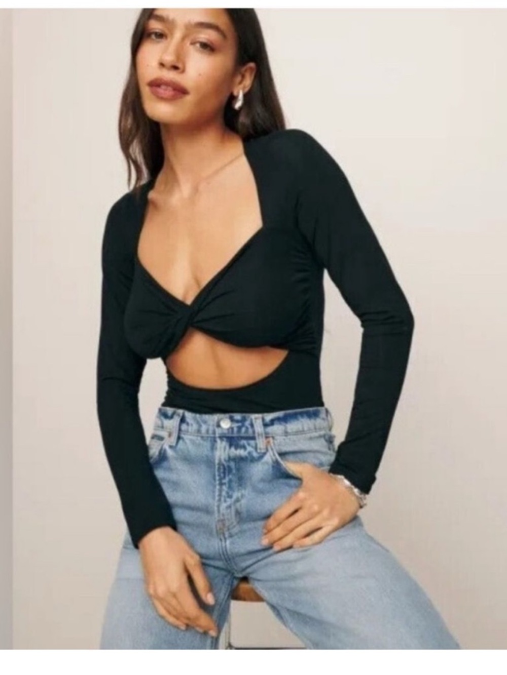 Reformation Black Twist-Front with cut-out Long Sleeve Tee